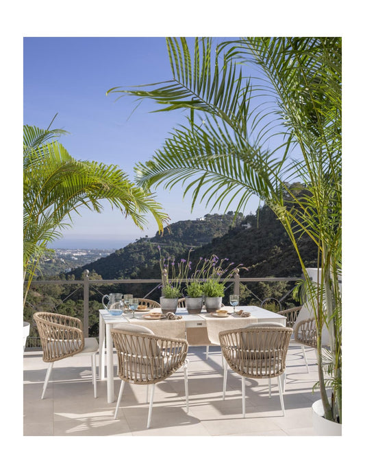 White aluminum and rope outdoor dining chair
