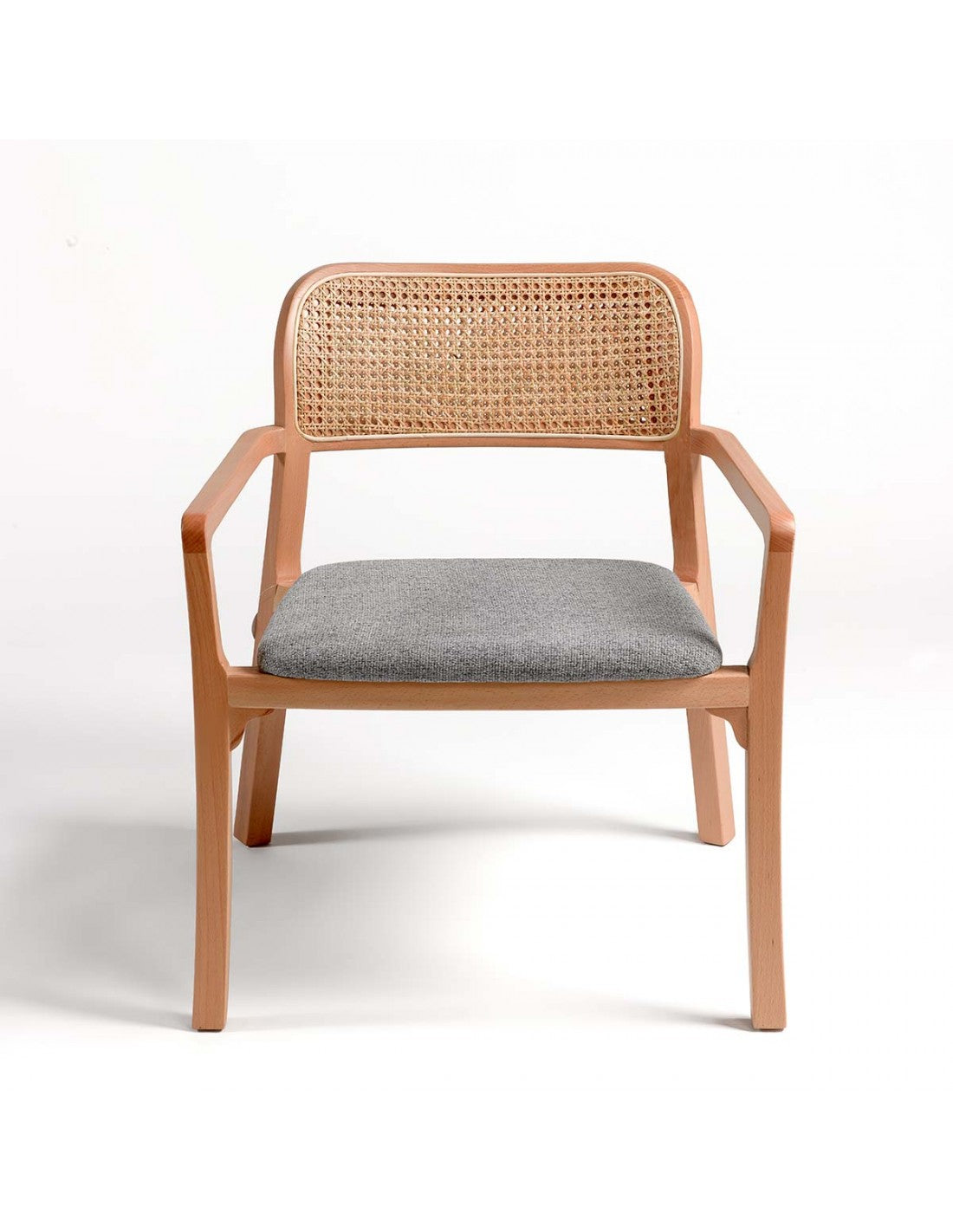 Natural wood armchair, upholstered seat and mesh