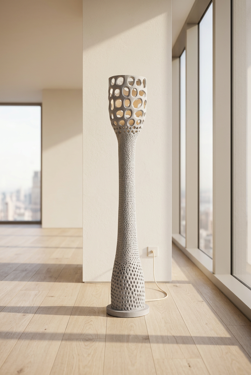 Floor Lamp Frumen in Fibre Cement Grey Rough-textured – Contemporary Style