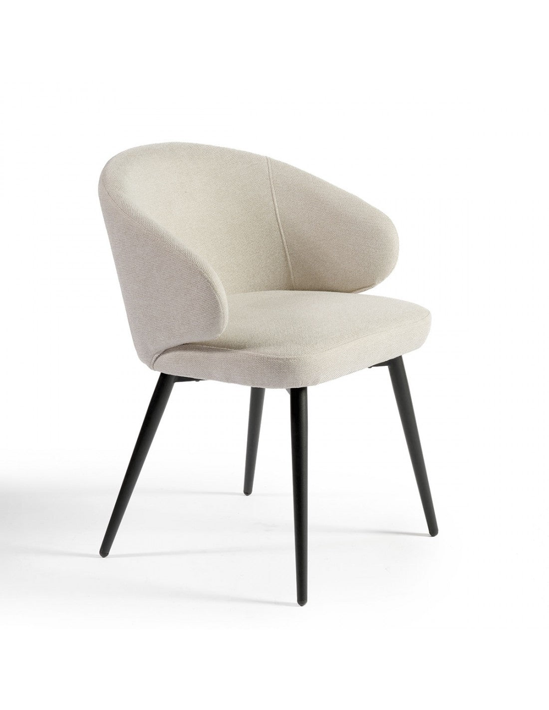 Sand-colored upholstered chair with black metal legs