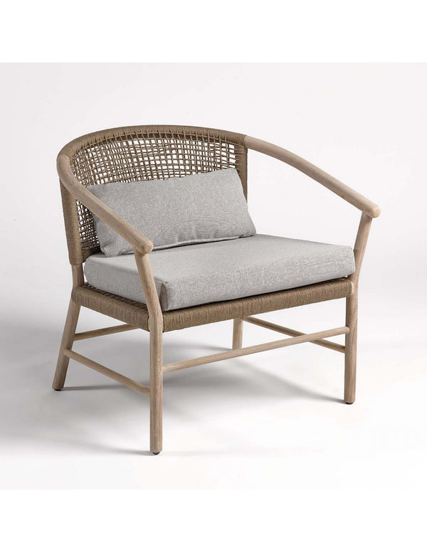 Round teak and rope outdoor armchair