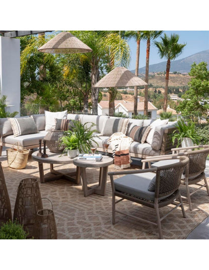 Round teak and rope outdoor armchair