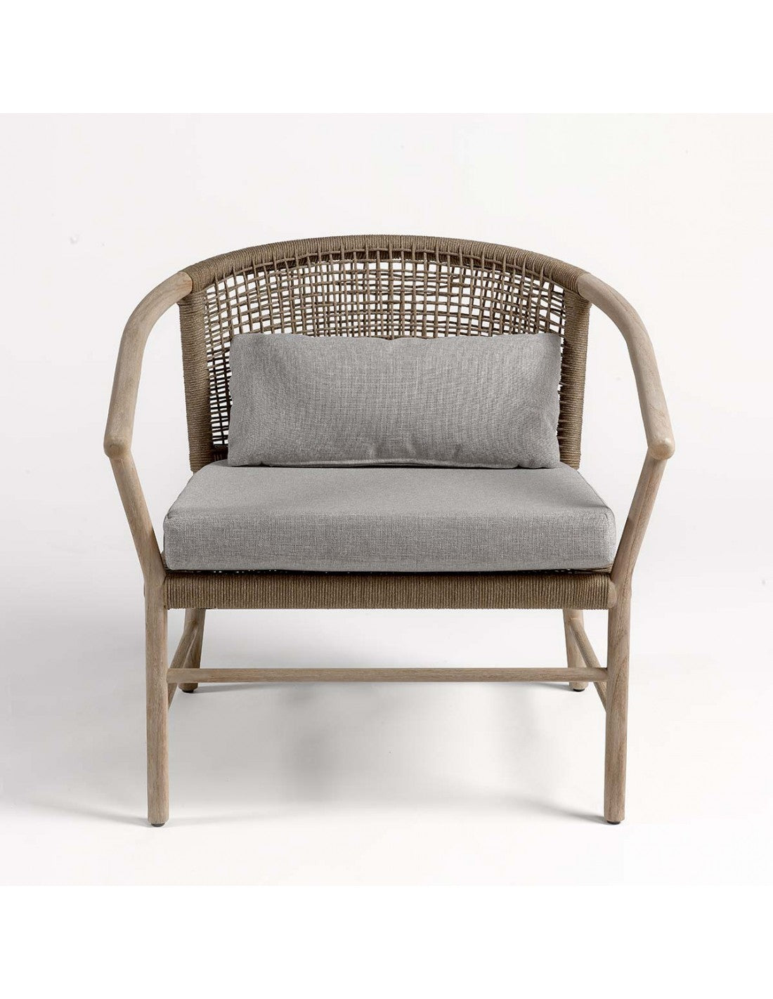 Round teak and rope outdoor armchair