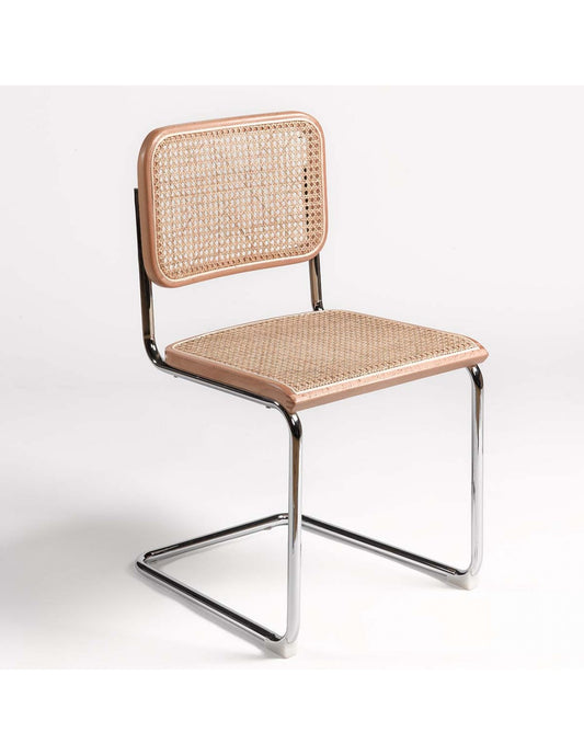 Chair in natural wood, natural rattan and chrome leg