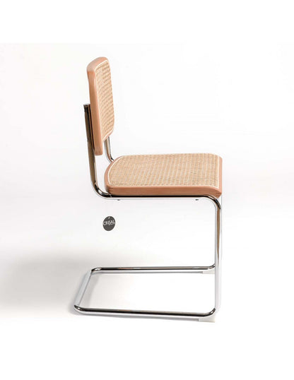 Chair in natural wood, natural rattan and chrome leg