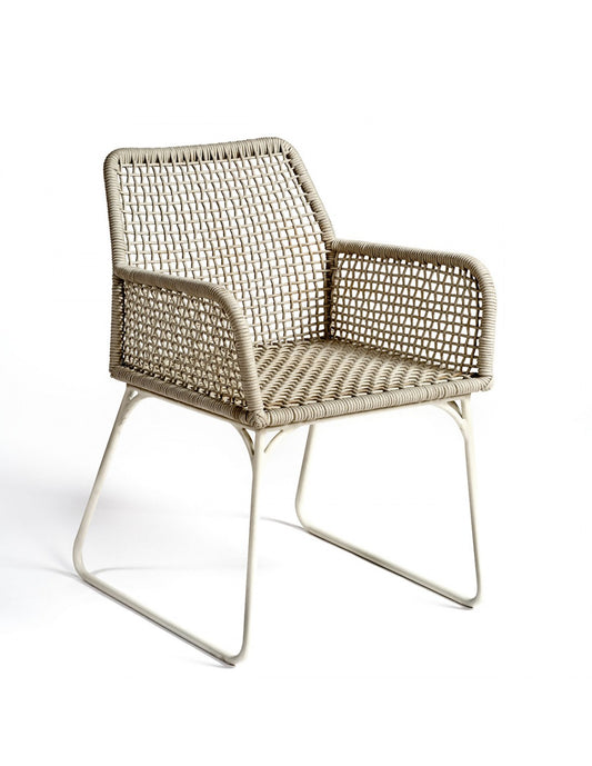 Grayish white rope and metal armchair