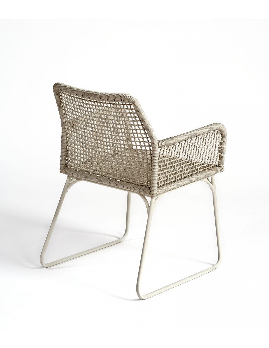 Grayish white rope and metal armchair