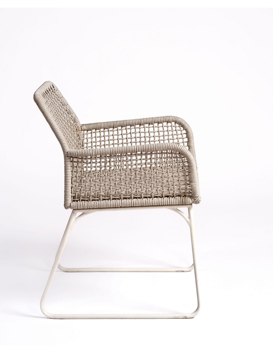 Grayish white rope and metal armchair