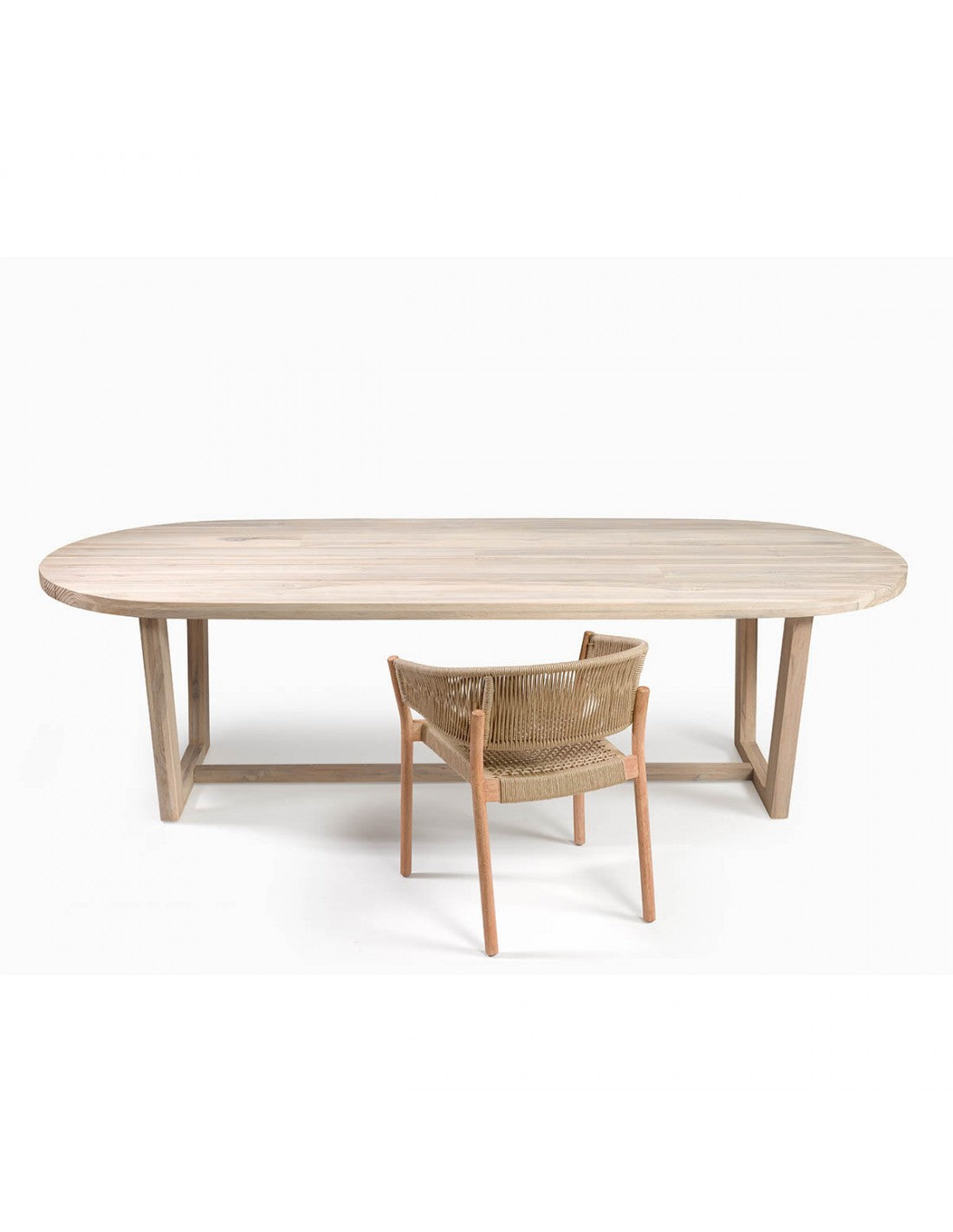 Oval wooden outdoor table with wooden legs