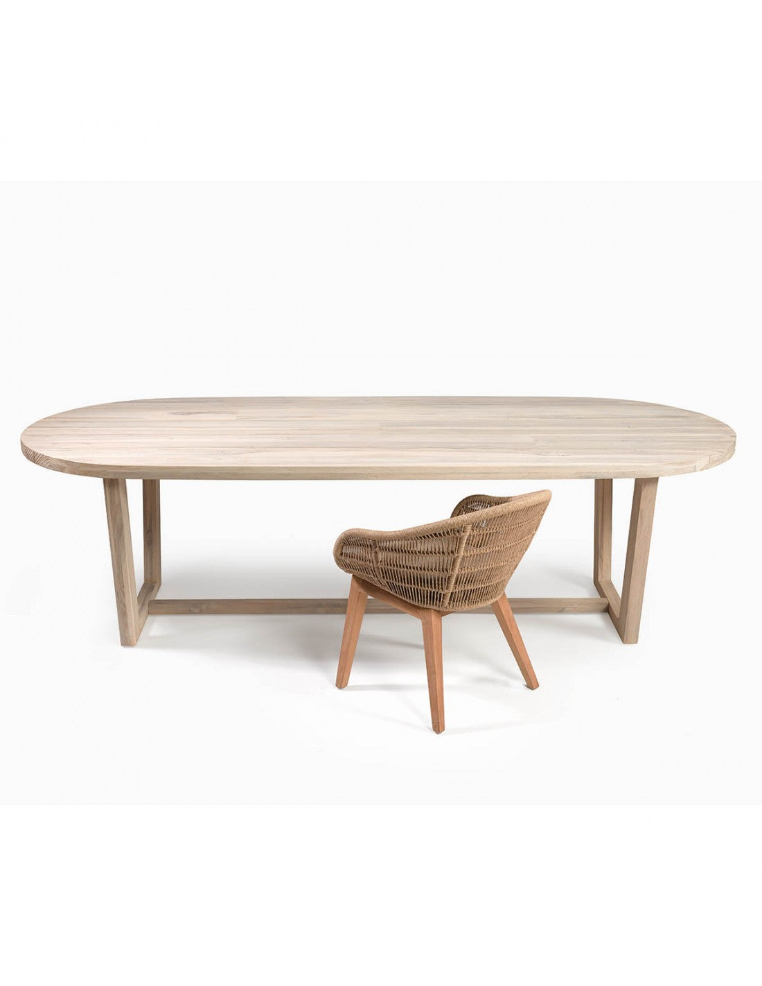 Oval wooden outdoor table with wooden legs