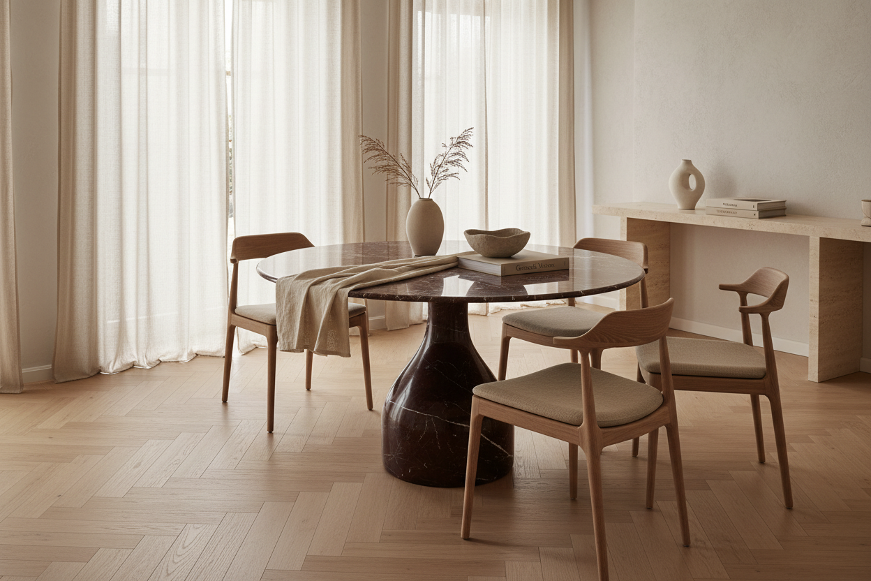 Mesa Comedor Bourg en mármol burdeos brillante – Estilo Contemporáneo