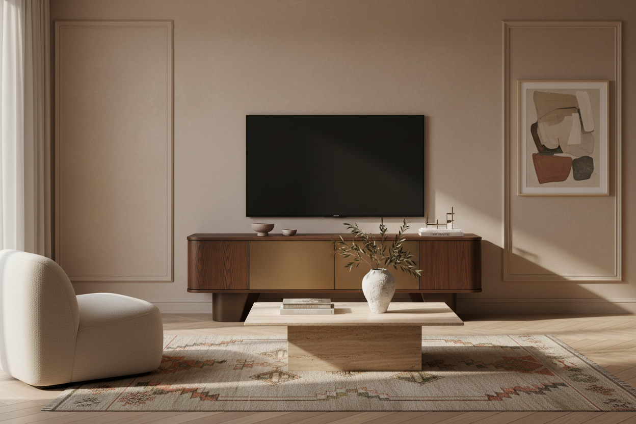 Mueble Tv Bournel en madera contrachapada marrón – Estilo Contemporáneo