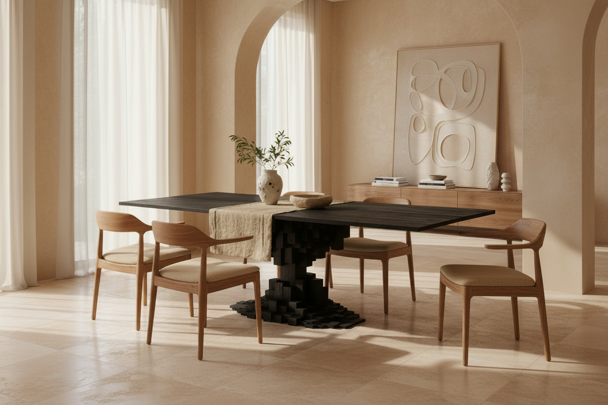 Mesa Comedor Pètria en madera de mango negro arenado – Estilo Contemporáneo