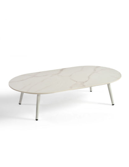 White aluminum and stone oval coffee table