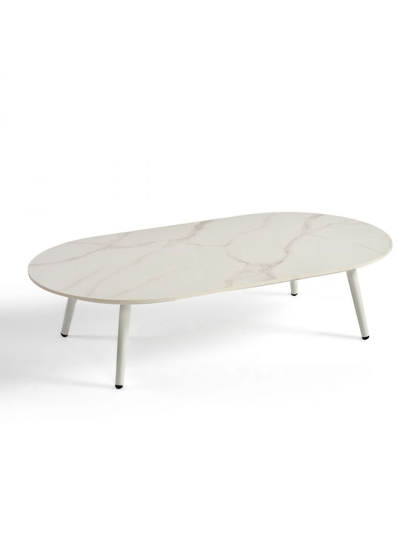 Mesa de centro ovalada aluminio blanco y piedra