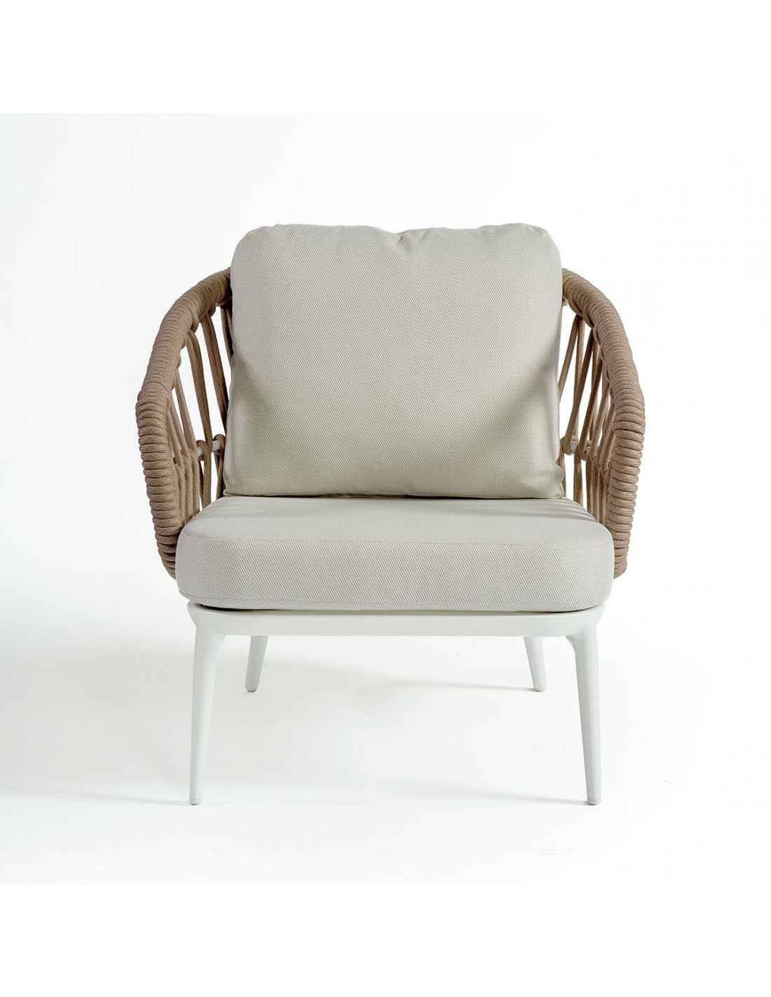 White aluminum armchair and natural rope