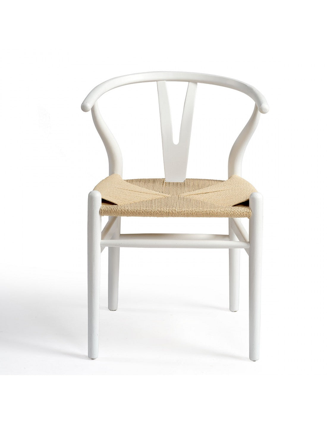 Silla blanca de madera y asiento de cuerda
