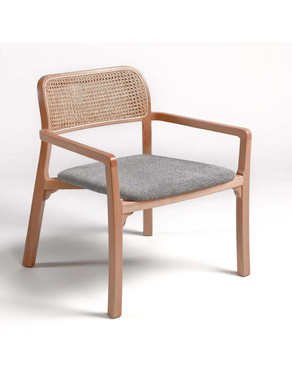 Natural wood armchair, upholstered seat and mesh