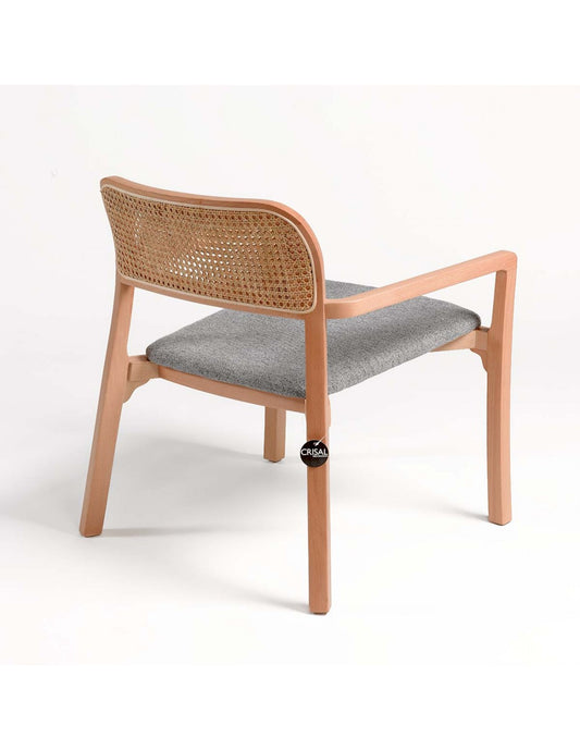 Natural wood armchair, upholstered seat and mesh
