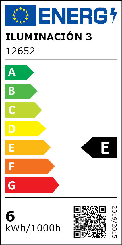 Original energy label for Olaia Black Metal Pendant Lamp with Smoked Glass, class E, Español