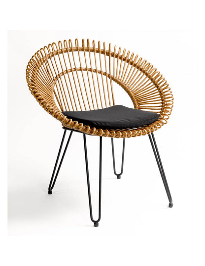 Round synthetic rattan and black metal armchair