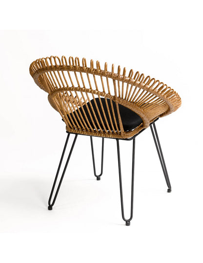 Round synthetic rattan and black metal armchair