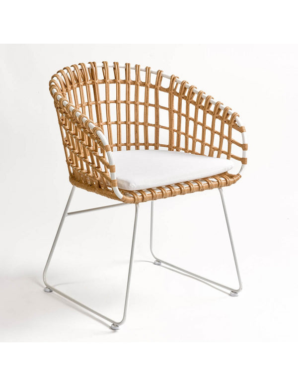 Metal synthetic rattan armchair and white cushion