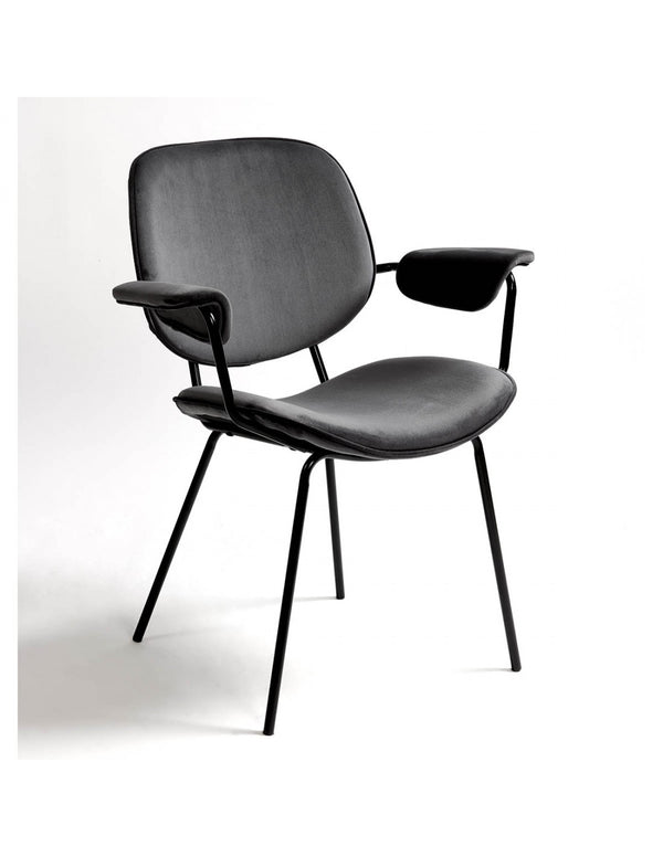 Upholstered gray and black metal armchair