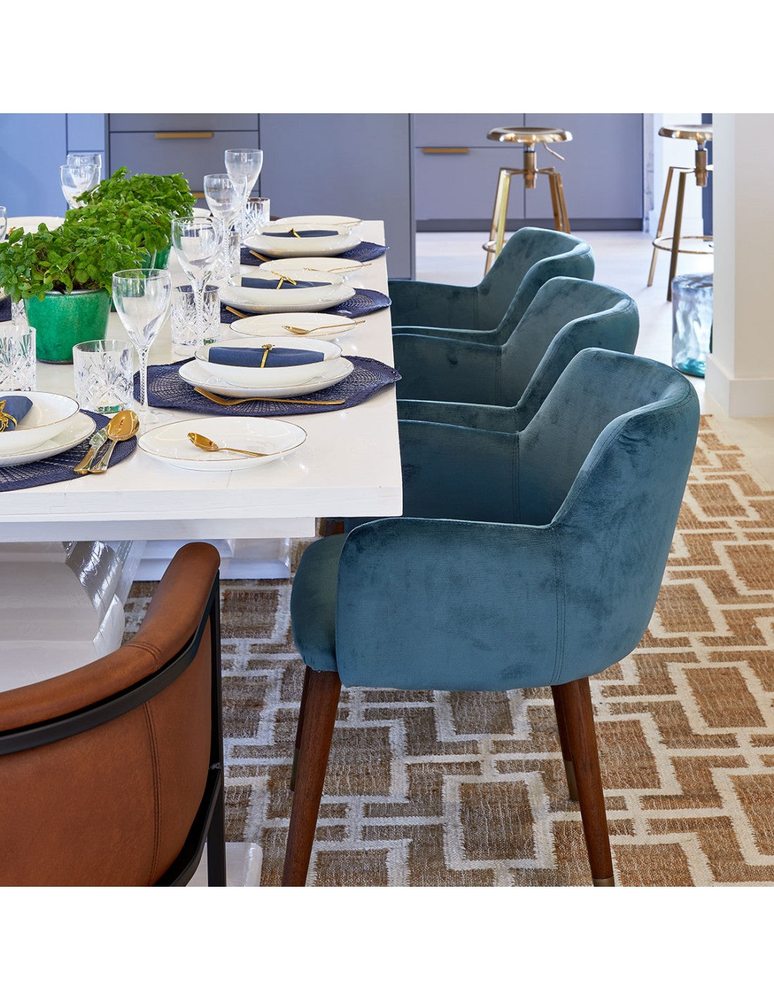Blue velvet armchair wooden leg